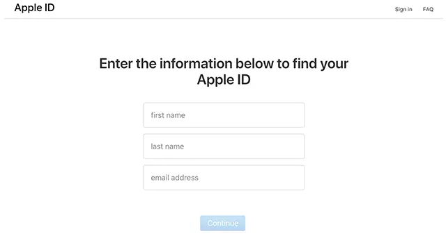 enter info to find apple id